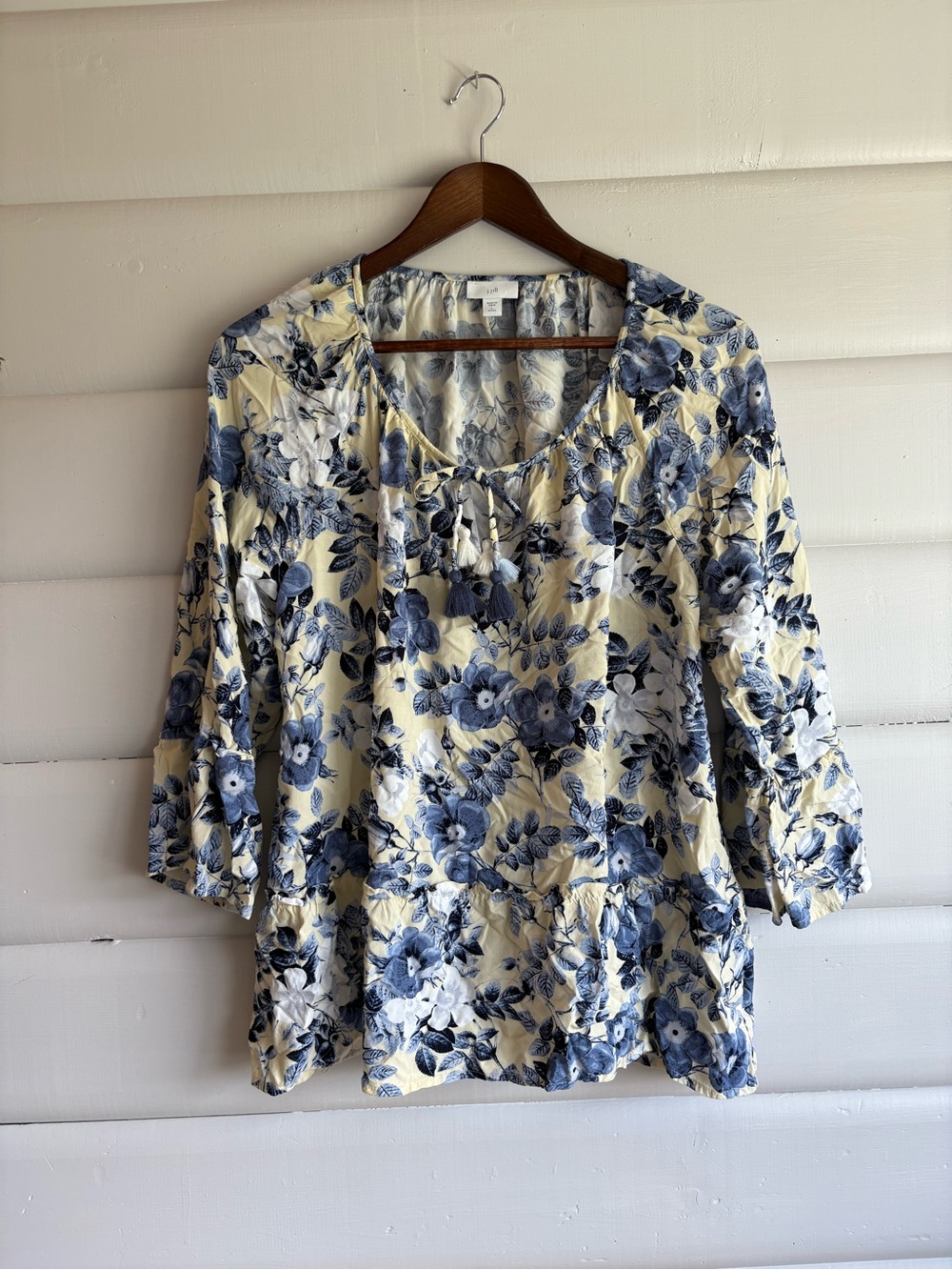J.Jill Blue Floral Boho Peasant Top 100% Viscose Tassel Tie Petite Large L